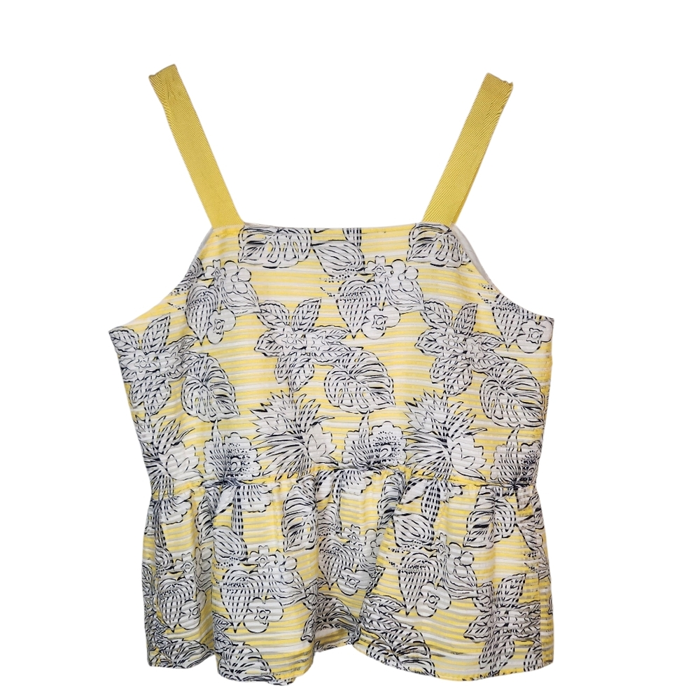 Crown & Ivy Floral Tropical Yellow White Tank Top Peplum Ribbon Strap Chiffon XL